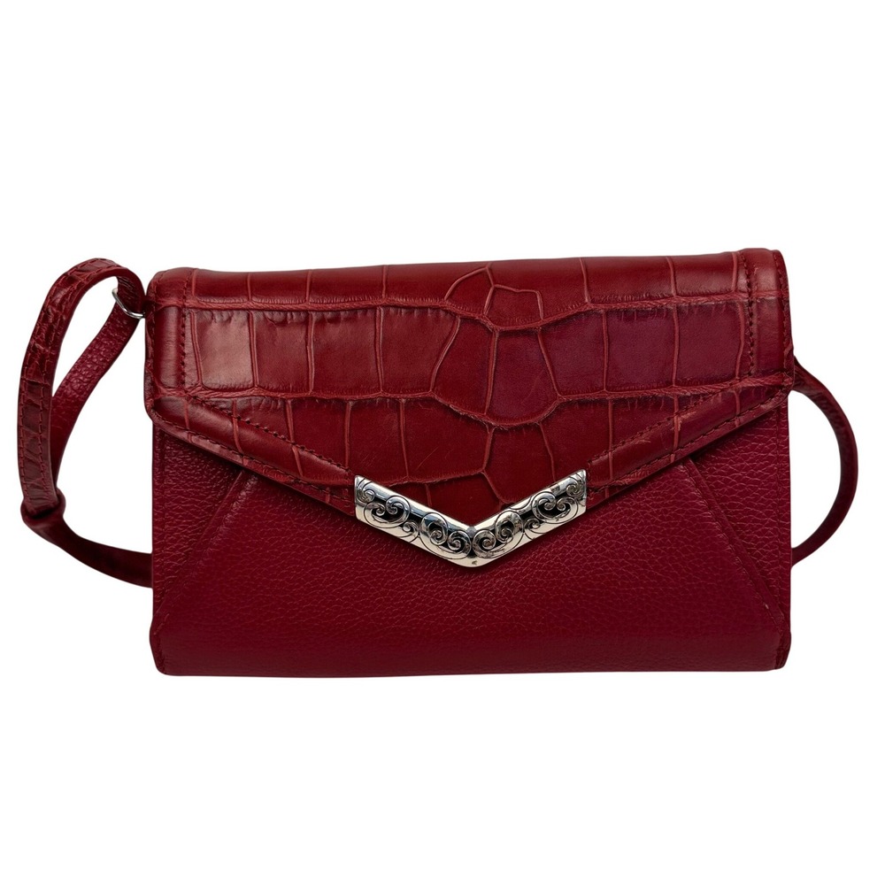 Brighton Mingle Envelope Organizer Bag Purse Red Croc Embossed Leather Crossbody
